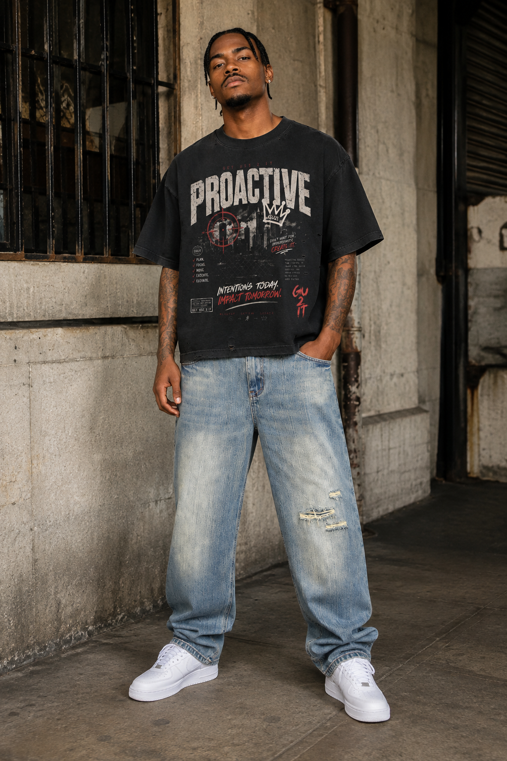 “Proactive” Vintage Wash Distressed Denim Jeans