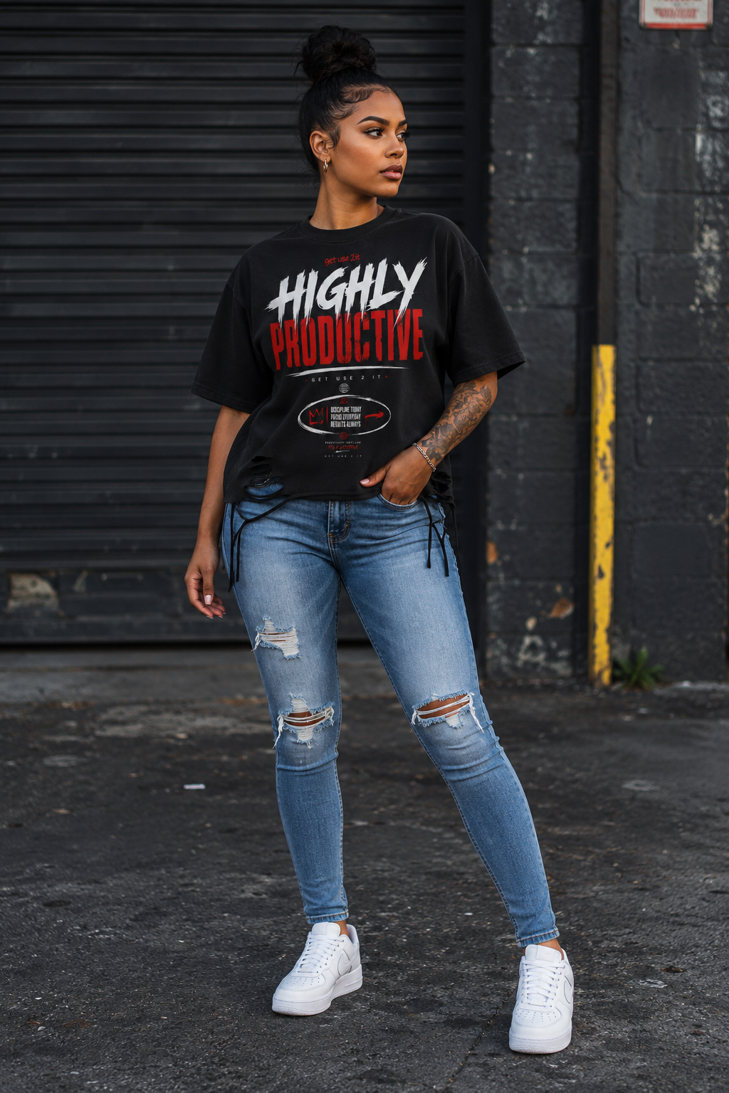 “Highly Productive” Snow Washed Raw Hem T-Shirt