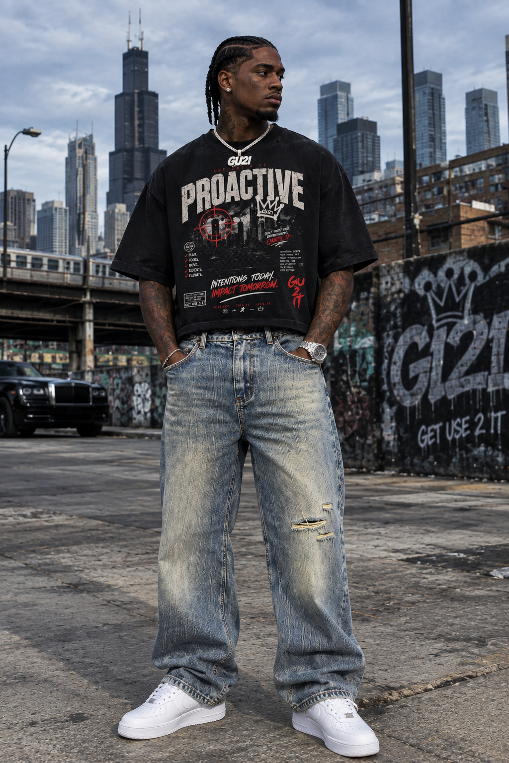 “Proactive” Classic Frayed Boxy Tee (Black)