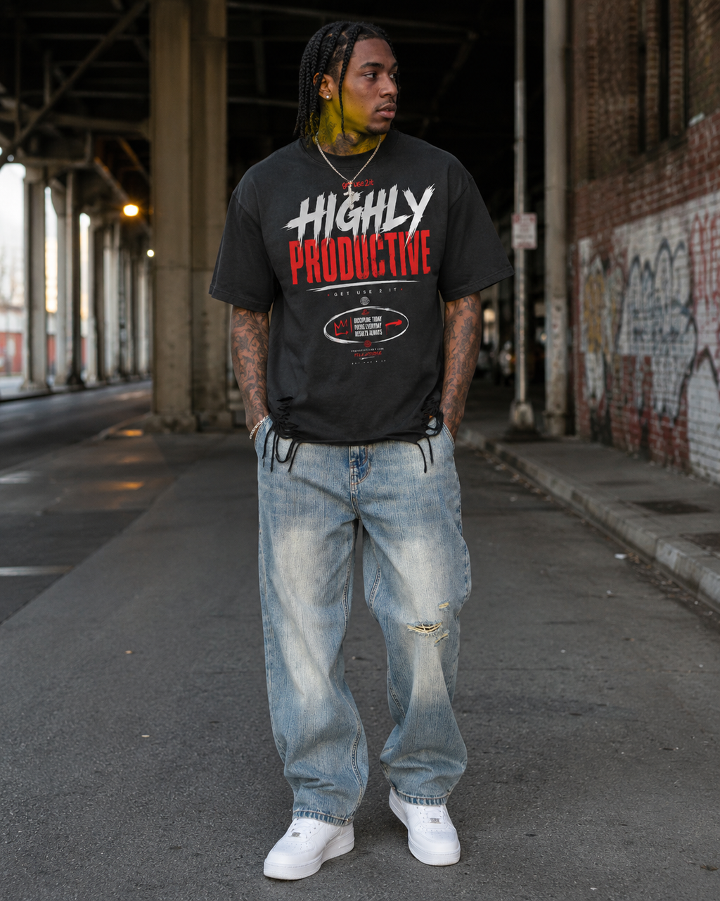 “Highly Productive” Snow Washed Raw Hem T-Shirt