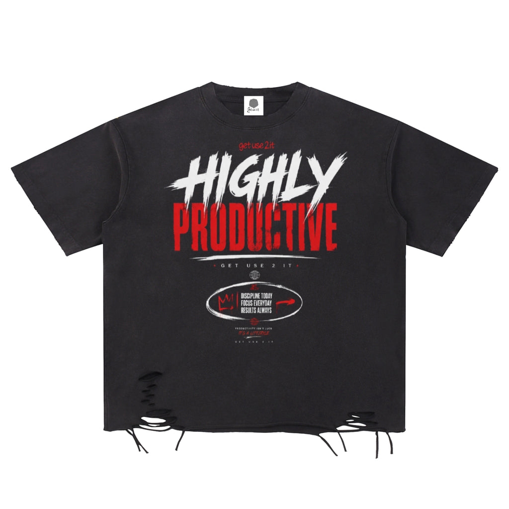 “Highly Productive” Snow Washed Raw Hem T-Shirt