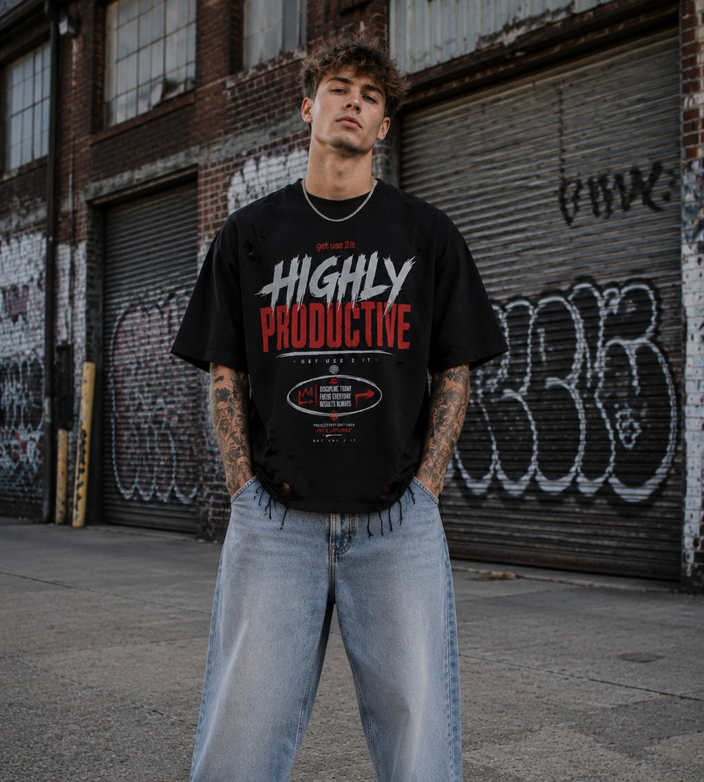 “Highly Productive” Snow Washed Raw Hem T-Shirt