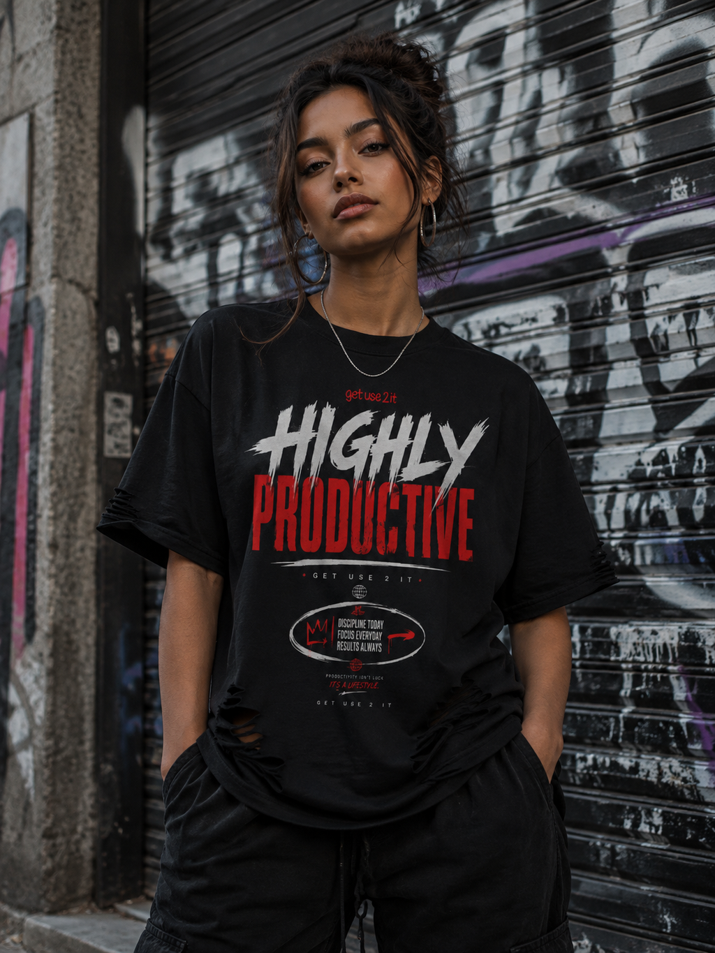 “Highly Productive” Snow Washed Raw Hem T-Shirt