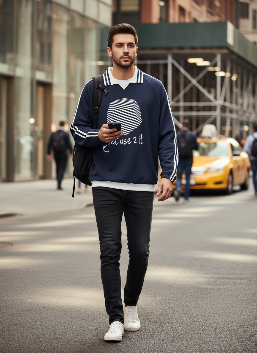 Get Use 2 It Striped Collar Sweatshirt Navy